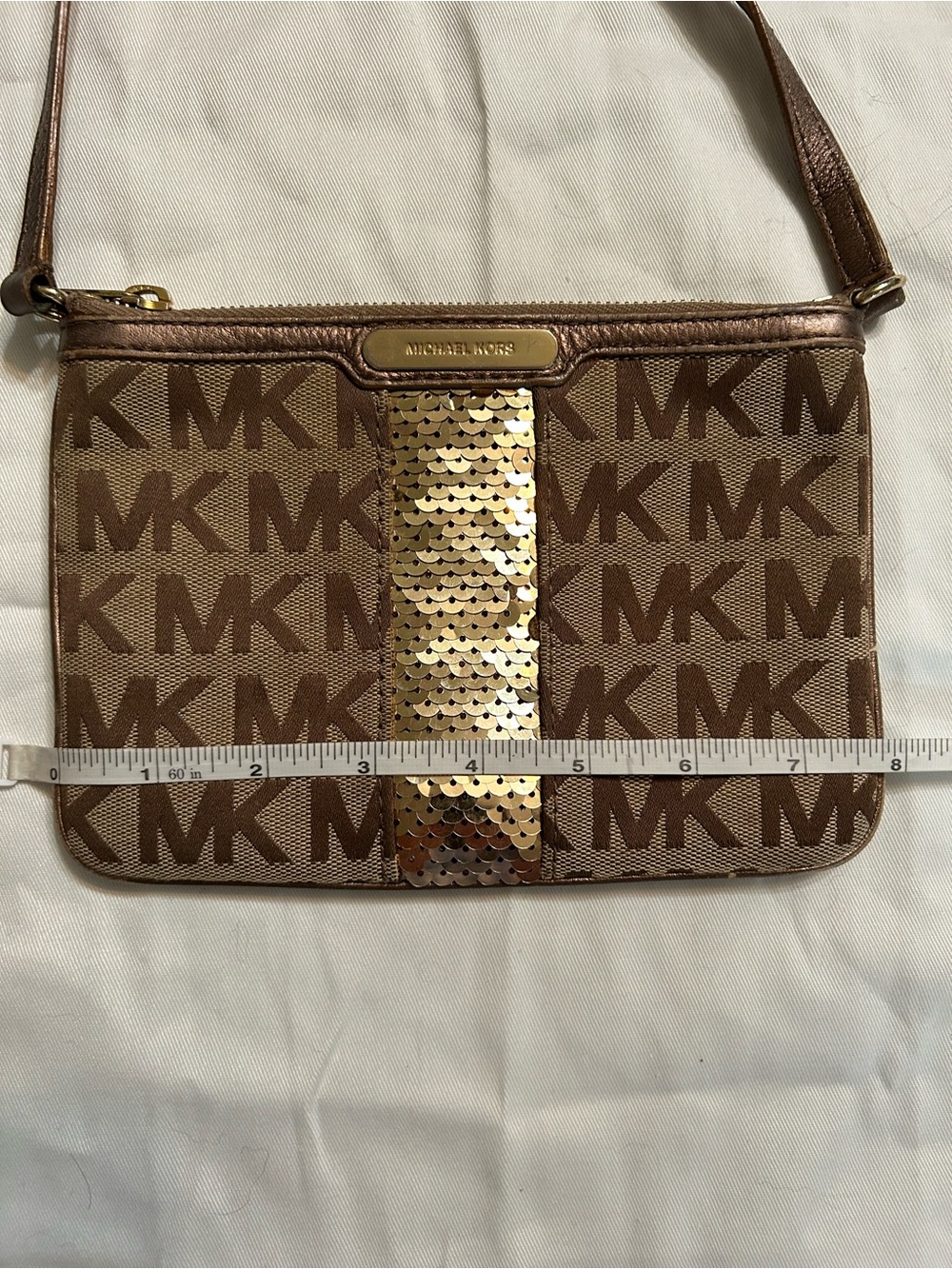 Michael Kors Brown MK Logo Crossbody with Gold Sequin Center - Picture 7 of 8